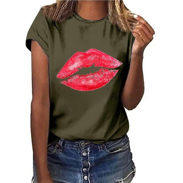 Plus Size S-5XL New Lovely Lips Gesture Print T Shirt Women 100% Cotton O Neck Short Sleeve Summer T-Shirt Tops Casual T Shirts